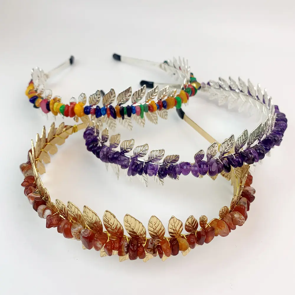 Mode Bruids Bruiloft Hoofdband Handgemaakte Bling Kleurrijke Natuurlijke Crystal Chips Steen Met Blad Hoofdband Sieraden Voor Vrouwen