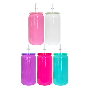 กระป๋องแก้วสีสำหรับ UV DTF เคลือบเงากระป๋องเบียร์เย็นหลากสี16ออนซ์พร้อมฝา PP สำหรับไวนิลสำหรับคลังสินค้า USA