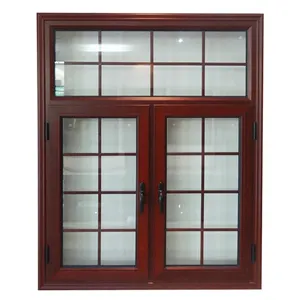 窓ドアフレームチーク材シンプルな鉄窓グリルデザイン二重強化ガラスアルミ開き窓