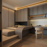 Lit Tatami en Bois avec Escaliers Intégrés, Bureau d'Étude, Armoire Intégrée avec Bande LED, Meuble de Chambre Tout-en-un Gain de Place