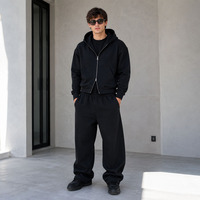 Ensemble survêtement molletonné épais noir à capuche zippée et pantalon large pour homme – Idéal pour les marques de streetwear urbain