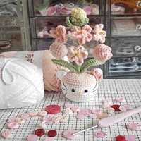 Pot de fleurs en crochet en forme de chat de dessin animé, bouquet de petites fleurs en fil acrylique, fait main, décoration intérieure pour marché