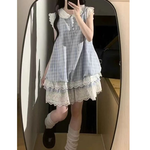 Sweet Cute Summer Plaid Dress Peter Pan Collar Lace Trim Japanese Style Cake Dress Blue Casual Daily Wear - Product Image 1