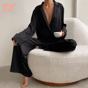 Designer Women Luxury Silk Sleepwear Girl Long Pyjamas Custom Loungewear Women Satin 2 Pieces Pajama Set