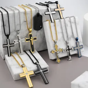 قلادة المسيح المتقاطعة من الفولاذ المقاوم للصدأ على الموضة مجوهرات مسيحية مطلية بالذهب قلادة للرجال قلادة هدية التخرج