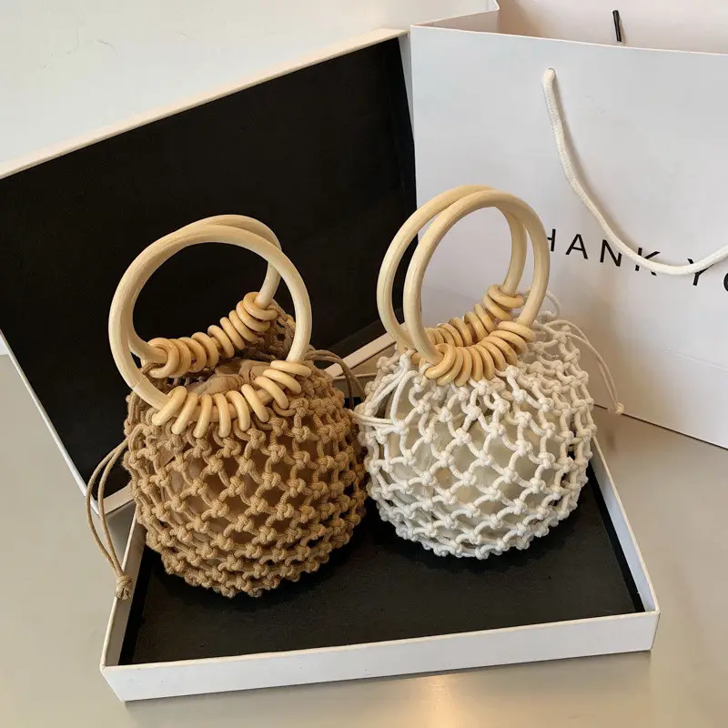 2021 Fashion cotton rope drawstring opening round handle woven mini bucket purse and handbags women summer beach bags