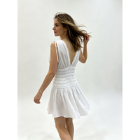 Robe courte blanche unie à col en V avec détail de taille froncée pour femme, été, 100% coton tissé