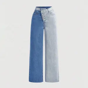 Calça jeans WJ443 para mulheres, calça jeans de perna larga com bloco de cores personalizadas