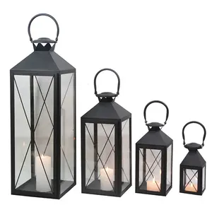 Set 4 Black Classic Decorative Garden Metal Candle Lanterns Wedding