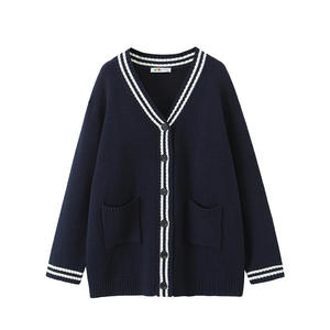 Cárdigan de Punto Azul Oscuro para Mujer, Talla Grande, Corte Holgado, Cuello en V con Bolsillos, Estilo Informal para Otoño - Product Image 1