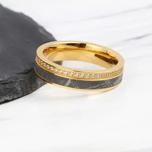 6mm Female Genuine Meteorite Ring with One Circle 1mm White Cz Golden Stainless Titanium Black Zirconium Ring Mens Wedding Bands