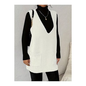 <b>Women's</b> Deep V-Neck Pocketed Knit <b>Sweater</b> <b>Vest</b> S M XL 85 Cm Length - Product Image 4