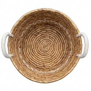 Handcrafted Water Hyacinth Storage <b>Basket</b> With <b>White</b> Rope Accent Boho Woven <b>Laundry</b> Hamper Cotton Handles For Home Decoration - Product Image 3