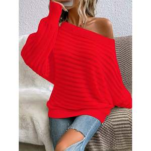 Pull côtelé à épaules dénudées pour femme, haut en tricot à manches longues, blanc - Product Image 4
