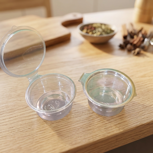 Vasos de salsa desechables de plástico PET de 60 ml (2 oz) de grado alimenticio, ecológicos, al por mayor de fábrica, con tapa abatible y logotipo personalizado para llevar. - Product Image 1