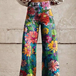 King Mcgreen Star femmes pantalons pantalons larges impression numérique pantalon large avec poches rétro taille moyenne bouton fermeture éclair braguette - Product Image 1