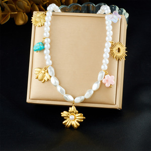 Elegant Pearl Beaded Necklace With Flower Sunflower Bee Pendant Gold Plated For Party Fashion Jewelry - Product Image 1