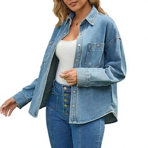 Chaqueta Camisera de Mezclilla para Mujer, Corte Holgado, con Botones, Estilo Utilitario, Hombros Caídos, Nylon/Algodón - Product Image 1