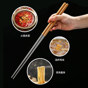C002 A1 3 Baguettes de service en bois de hêtre pour friture, 40 cm, avec manche allongé en acier inoxydable, résistantes aux hautes températures, pour servir les nouilles - Product Image 3