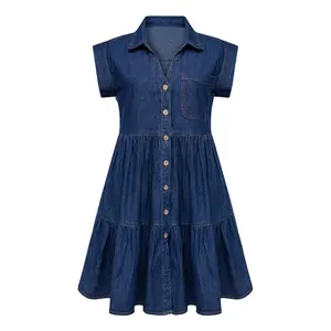 Custom Denim Clothing Manufacturers Summer V Neck Vintage Pocket Button Up Short Sleeve Ruffle Hem Denim Jean Dress Women 2024