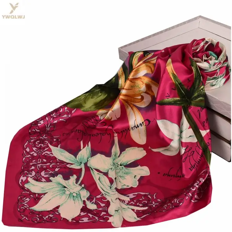 Hot Sale Wholesale Silk Feel Satin flower colorful print 90*90 square Scarf hijab Shawl headscarf for ladies 2020