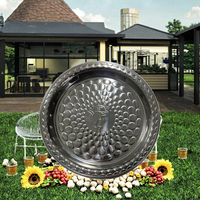 Assiette à fond plat en acier inoxydable de style américain, écologique, avec motif en relief, plateau épais pour aliments et fruits, incrustation dorée gravée