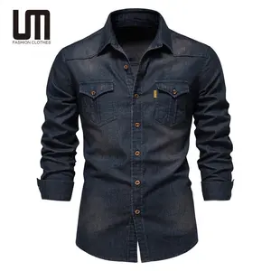 Liu Ming Fashion Men Casual Cotton Jeans Shirt Long Sleeve Denim Blouse