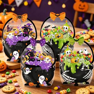 Sacs à bonbons d'Halloween en plastique imprimés avec poignée en forme de nœud, sacs transparents pour friandises ou farces pour les fêtes d'enfants - Product Image 1