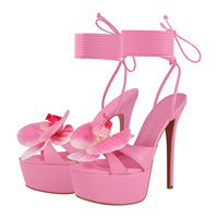 Sepatu Hak Tinggi Kulit PU Warna-warni Pink, Model Open Toe, Sandal Bertali Musim Panas, Sandal Platform Bunga, Ukuran Besar 46