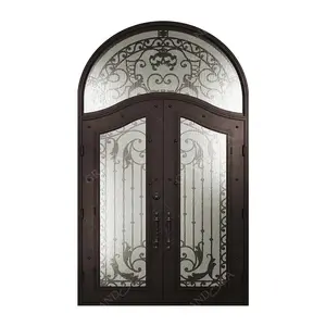 Portão de ferro francês chique, porta de ferro forjado durável e popular com abertura manual de vidro