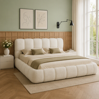 Meubles de maison, lit double avec rangement, design nuage, tissu Teddy crème de luxe, 180 x 200 cm
