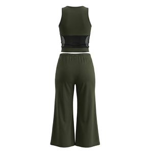 Viviblook Y26ST267 Women Casual Suit New Sexy Sleeveless Mesh <b>Patchwork</b> Tank <b>Top</b> High Waist Wide Leg Pants 2 Piece Set - Product Image 6