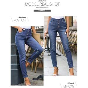 2025 Pantalones vaqueros de pierna recta azul para mujer, pantalones vaqueros ajustados con forro polar abotonados de cintura alta, Vaqueros elásticos transpirables US8 - Product Image 2