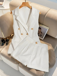 <span class=keywords><strong>Ensemble</strong></span> de costume pour femme d'été, décontracté <span class=keywords><strong>et</strong></span> professionnel, en deux pièces, sans manches, respirant, avec boutons dorés, blanc - Product Image 4