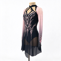 Robe de patinage et de danse pour enfants et adultes, noire et rose, à col licou, découpes, manches longues en maille, dos orné de strass, pour compétition et spectacle de patinage artistique