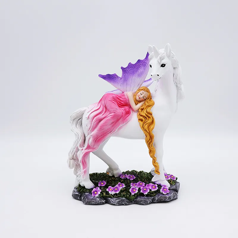 OEM hogar jardín decoración hecha a mano miniatura 3D figura estatua personalizada resina artesanía mística hada y figuritas de unicornio blanco