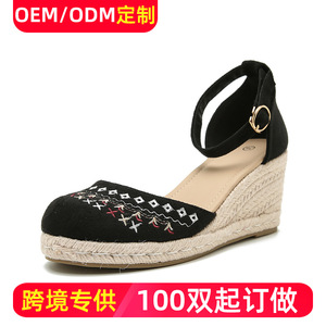 Sandales compensées pour femme à bout rond, tige en paille, bride arrière à boucle, respirantes, style été - Product Image 5