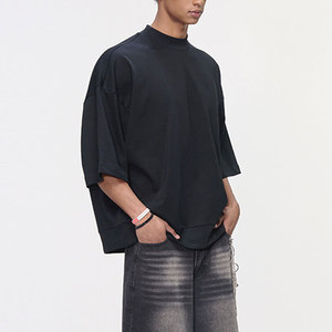 Oversized T-Shirt Heavyweight 100% Cotton Mock Neck <b>Drop</b> Shoulder <b>Box</b> Fit Casual Men's T-Shirt - Product Image 1