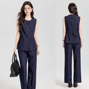 Women's Two Piece Vest And Trousers Set Solid Color Polyester Spring Casual Suit - Product Image 1