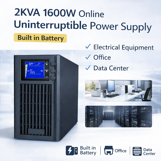 2KVA 1600W Single Phase Online UPS with Pure Sine Wave Built-in Battery for Office & Data Center Backup