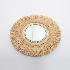 등나무 Boho 혁신적인 예술 장식 라운드 메이크업 거울 드레싱 침실 욕실 벽 교수형 거울 공예 사진 소품