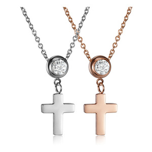 <b>Cross</b> Necklace Stainless Steel 20MM Bezel Set Zircon Pendant Couple Clavicle <b>Chain</b> Everyday Wear Rose Gold Silver - Product Image 1