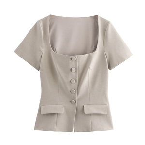 Blusa de Manga Corta con Cuello Cuadrado y Botones para Mujer, Elegante, para Oficina, Corte Regular, para Todas las Temporadas, Material Popelina Tejida - Product Image 1