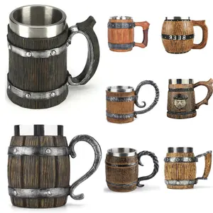 Medieval Retro mug Huaqi M03 Wooden barrel resin mug ancient ancient Stainless steel resin beer cup For Bar Wood Mugs