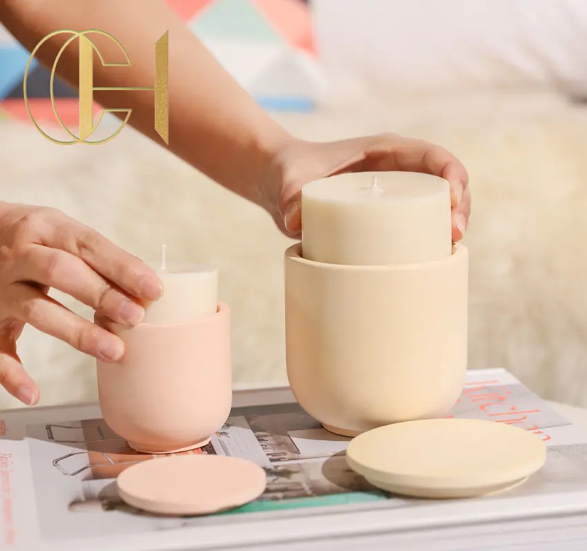 C & H Tùy Chỉnh Màu Sắc Bê Tông Nến Jar Xi Măng Trà Ánh Sáng Nến Cup Với Nút Chai Nắp