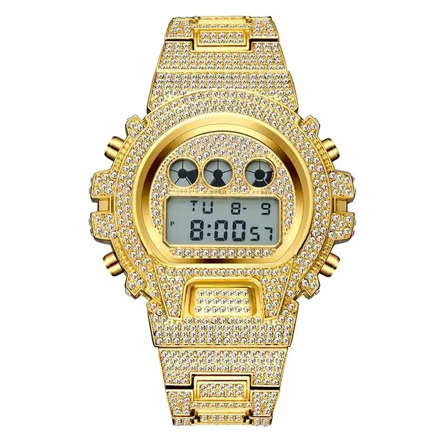 Jam tangan emas 18K pria, arloji multifungsi merek mewah terbaik Digital HipHop pria