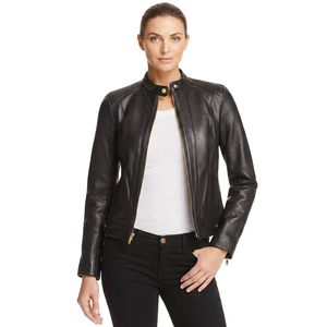 Dernière Collection : Blouson Bomber en Cuir Noir pour Femme, Coupe Slim, en Peau de Mouton, Respirant et Matelassé, Style Motard - Product Image 1