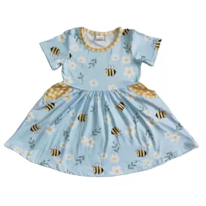 Summer New Arrival Blue Milk Silk Bee Daily Wear Pattern Girls Dresses Kids Clothing