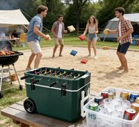 Glacière en plastique HS 60L grande capacité avec jeu de baby-foot intégré, seau à glace et grandes roues pour pique-nique et conservation des aliments