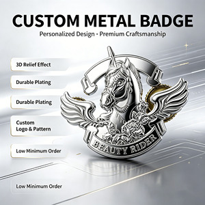 Badge métallique 3D personnalisé en relief, logo ailes de licorne, placage durable, certifié ISO, conception gratuite, faible MOQ, cadeau de collection, OEM - Product Image 1